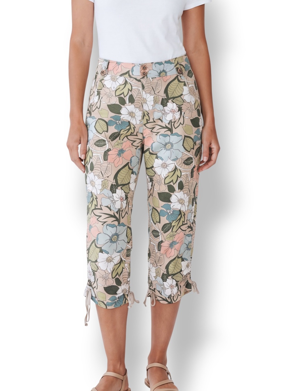 4/$20 Tribal Size Large Pastel Floral Cotton Cargo Capri Pants Drawstring Hem